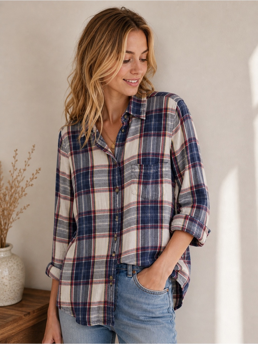 Aeo boyfriend fit button down shirt plaid blue white red small cotton blend